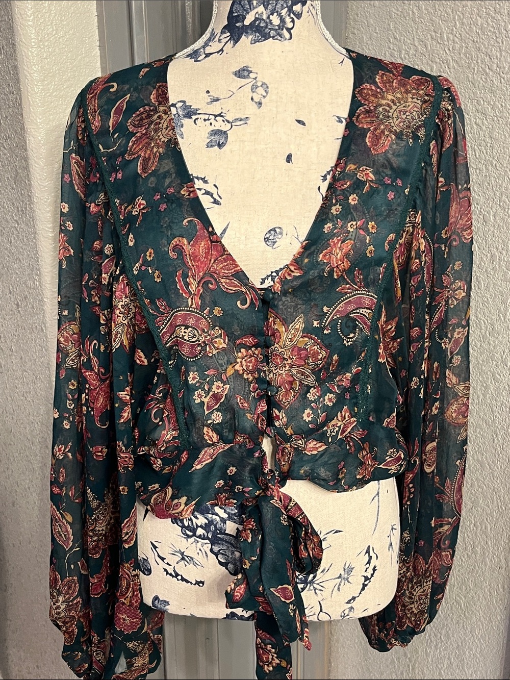 Boho Tie-Front Green Paisley V-Neck Blouse